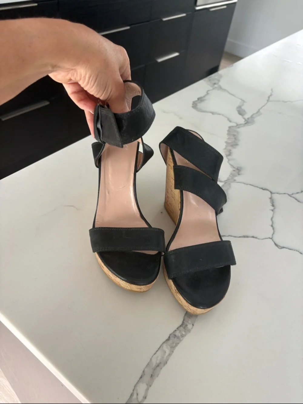 Stuart Weitzman Black Leather Wedge Sandals with Cork Platform - Picture 4 of 10